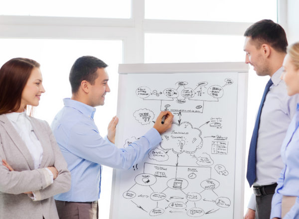 business team discussing something in office business, education and office concept - smiling business team with flip board in office discussing something